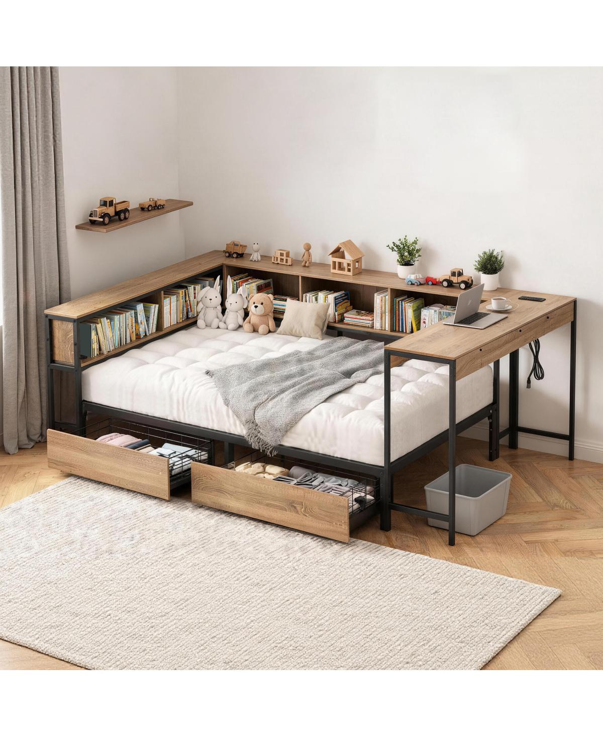 Streamdale Furniture Twin Corner Bed Frame with Led Light Storage and Charging Station