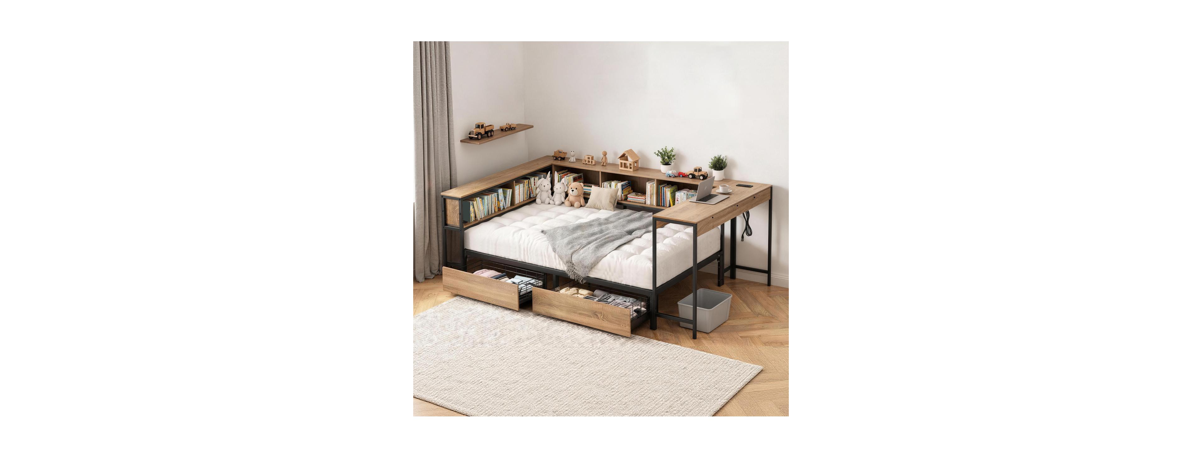 Streamdale Furniture Twin Corner Bed Frame with Led Light Storage and Charging Station