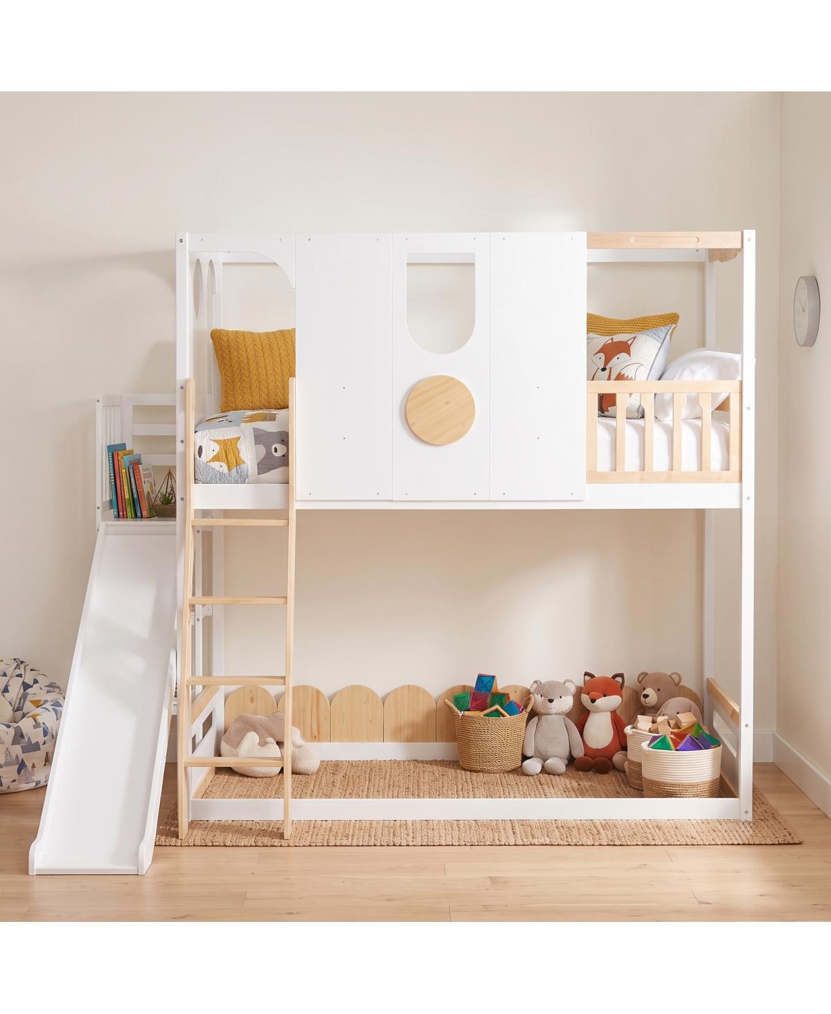 Streamdale Furniture Twin Kids Loft Bed with Slide, Shelves and Guardrails - White+natural