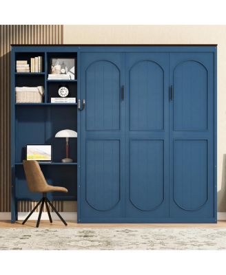 Queen Size Murphy Bed with Integrated Desk and Multi-Layer Storage Cabinet