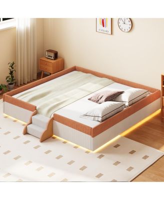 King Size Upholstered Floor Bed with Fence and Smart LEDs