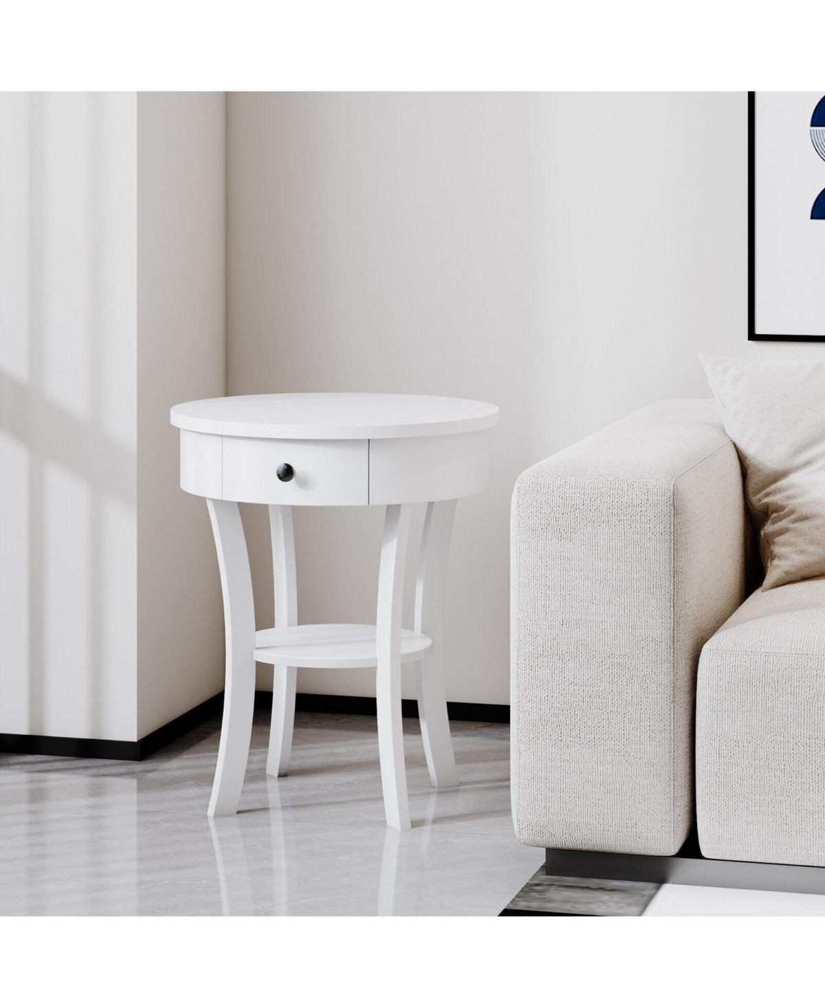 Mecale 2 Tier Wood Round End Table with Open Drawer - White