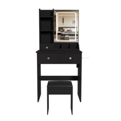  Small Vanity Desk w/ LED Mirror, 3 Drawers, Open Shelves, Power Socket, Hair Dryer Holder and Dressing Chair