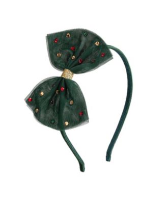 Little and Big Girls Emerald Rhinestone Christmas Tulle Bow Headband