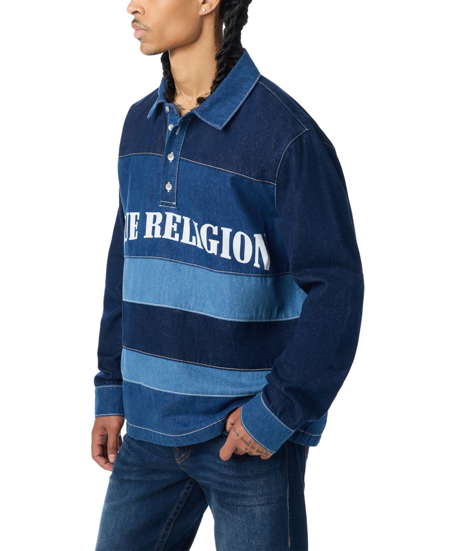 Мужское поло True Religion Denim Striped Long-Sleeve Polo Shirt, цвет: Полосатый варёный — фото 2
