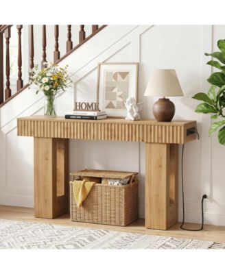47" Entryway Table with 2 Drawers and Outlets, Fluted Design Console Table
