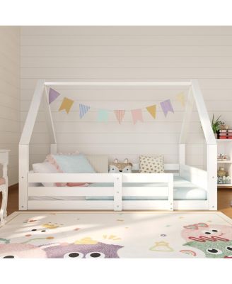 Twin Size Wooden House Floor Bed with Roof, Rails and Grooved Panel