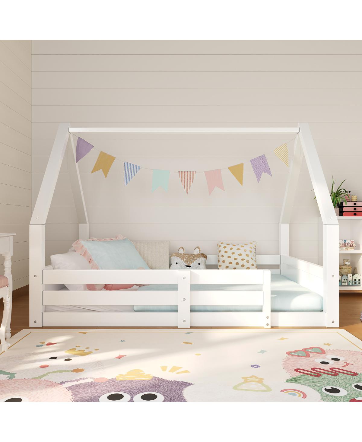 Streamdale Furniture Twin Size Wooden House Floor Bed with Roof, Rails and Grooved Panel