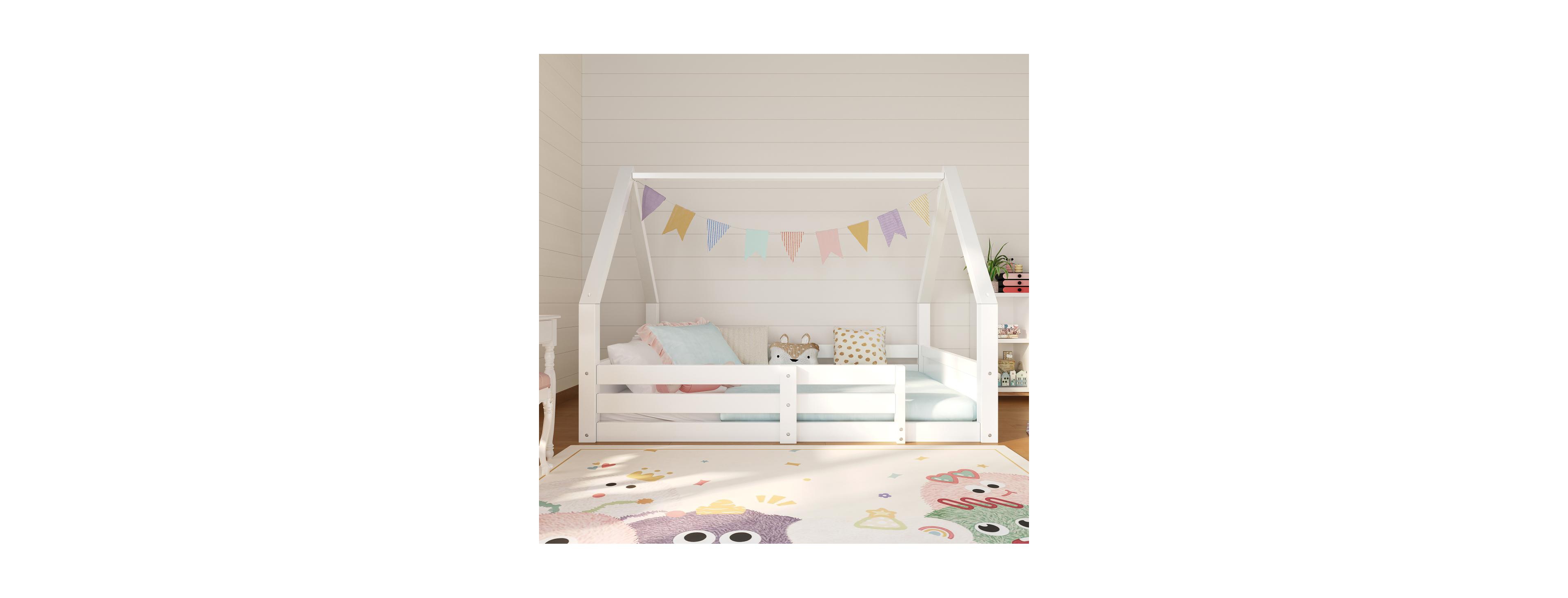 Streamdale Furniture Twin Size Wooden House Floor Bed with Roof, Rails and Grooved Panel