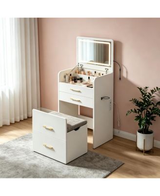 3-in-1 Vanity Desk with LED Mirror, Power Outlet, Glass Top and Stool