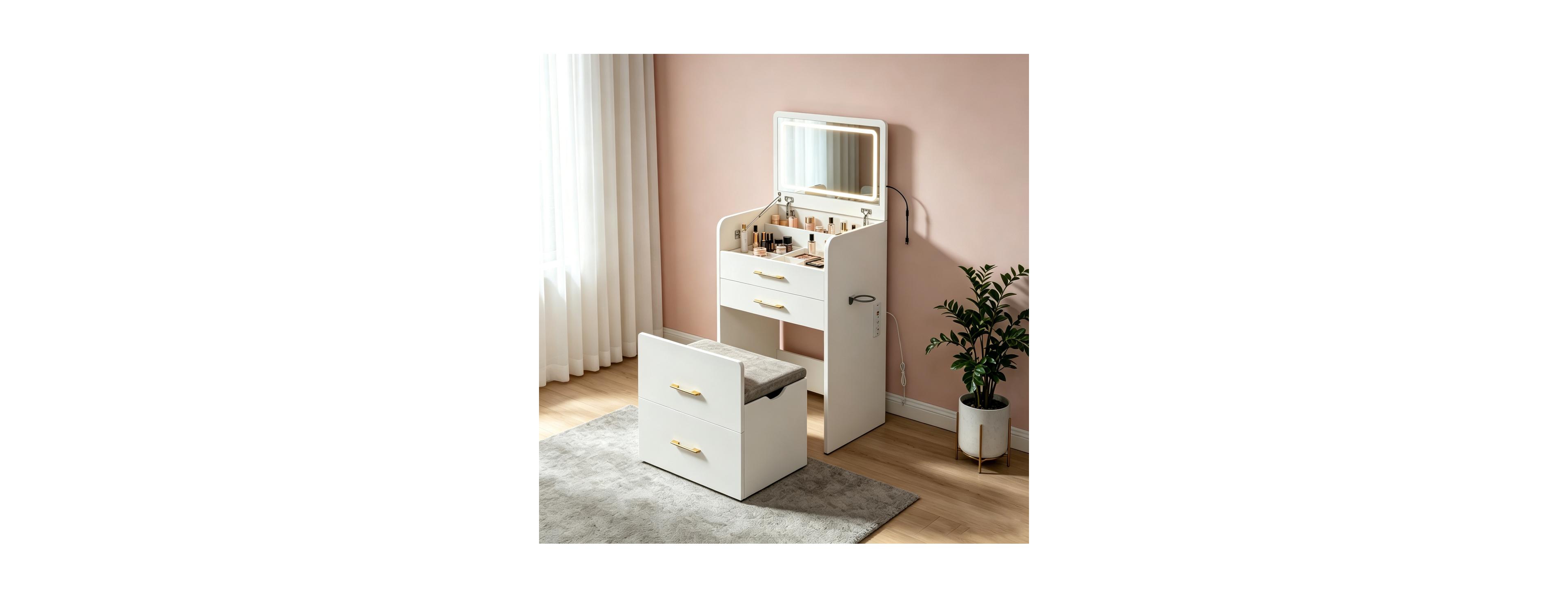 Streamdale Furniture 3-in-1 Vanity Desk with Led Mirror, Power Outlet, Glass Top and Stool