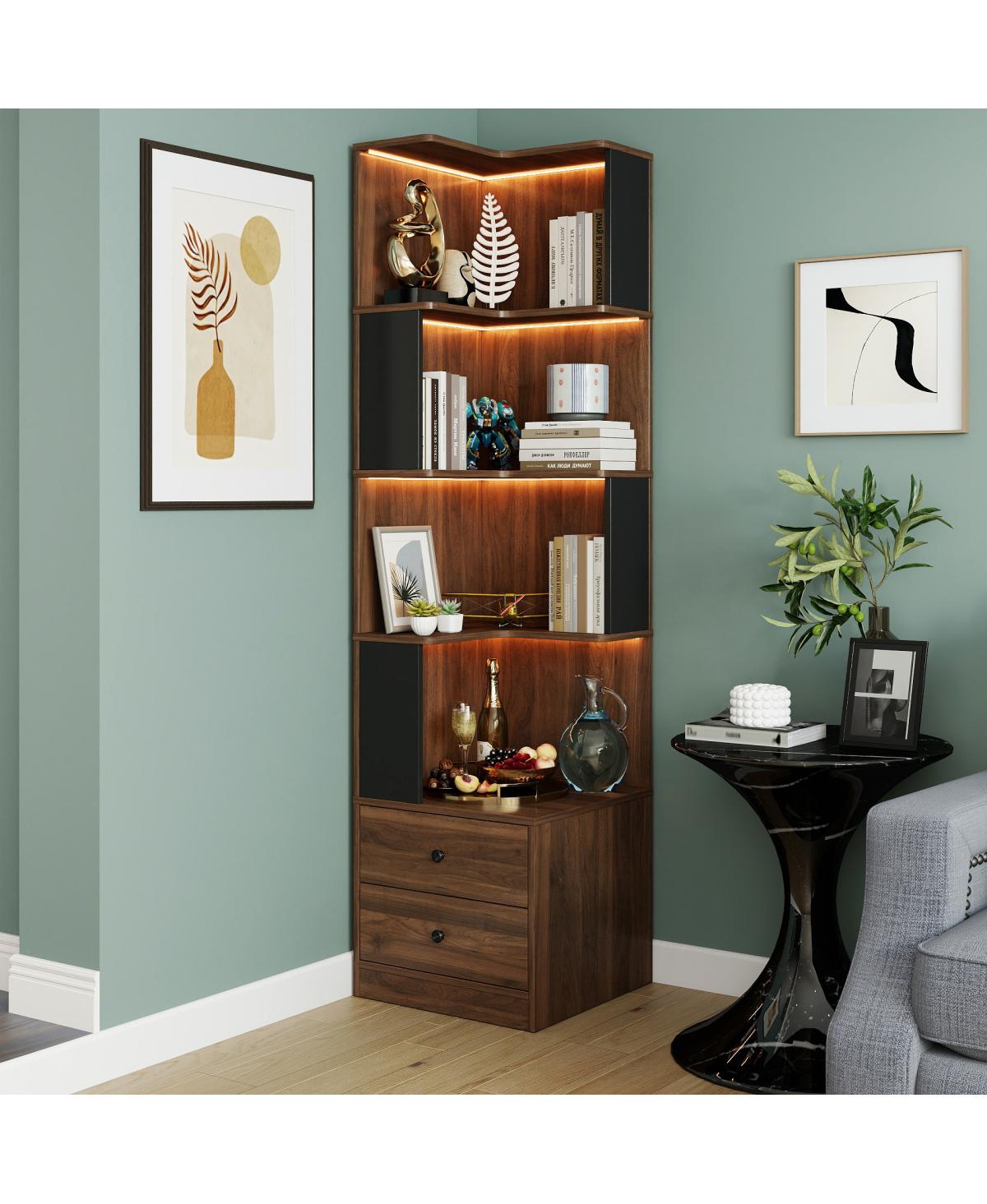 Streamdale Furniture Led 4-Tier Corner Bookshelf with Drawers and Baffle - Walnut+black