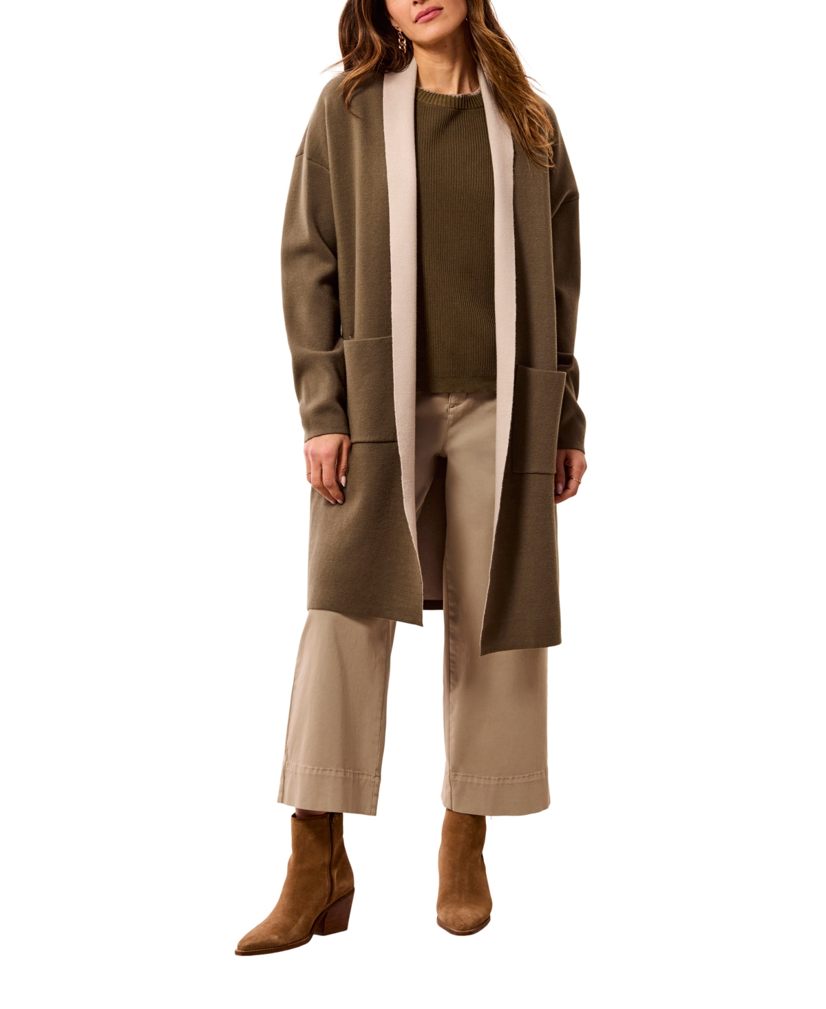 Tribal Women's Mid-length Dropped-shoulder Patch Pockets Coatigan In Brown