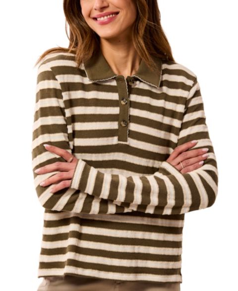 Женское поло TRIBAL Paisley Park Long-Sleeve Point-Collar Jacquard-Stripe Polo, цвет: Basil