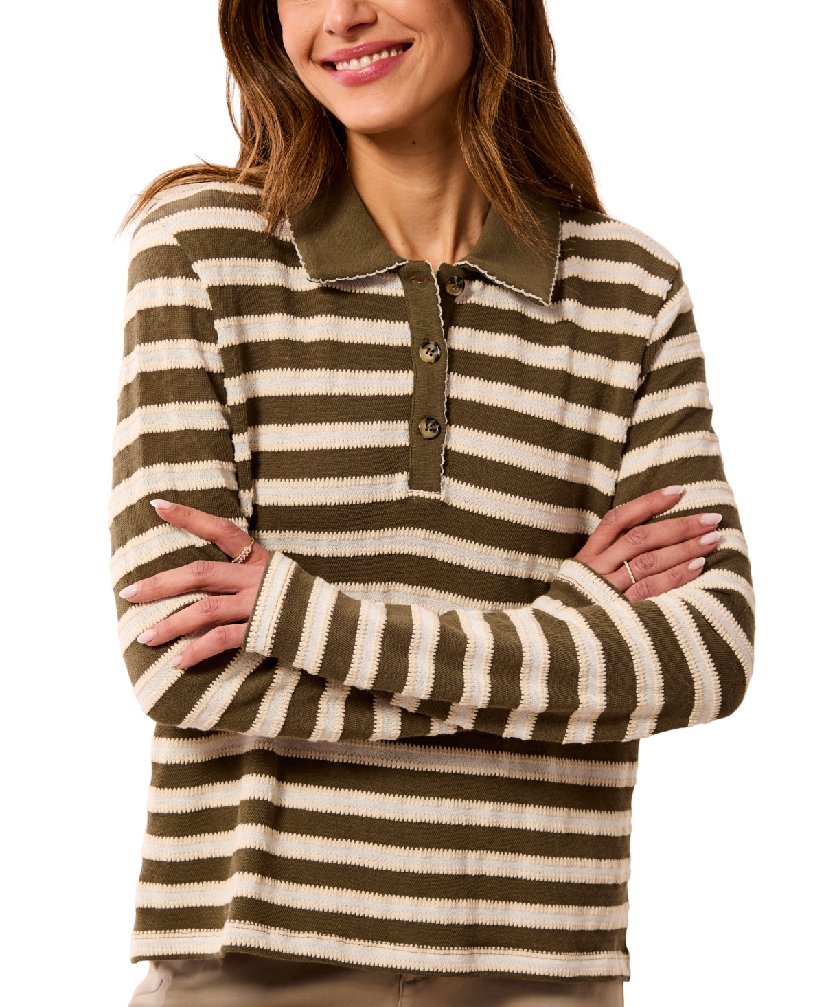 Tribal Women's Paisley Park Long-Sleeve Point-Collar Jacquard-Stripe Polo Shirt