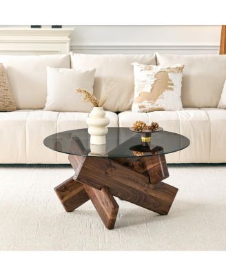 Artistic Cross-Style Round Coffee Table, Smoked Glass and MDF