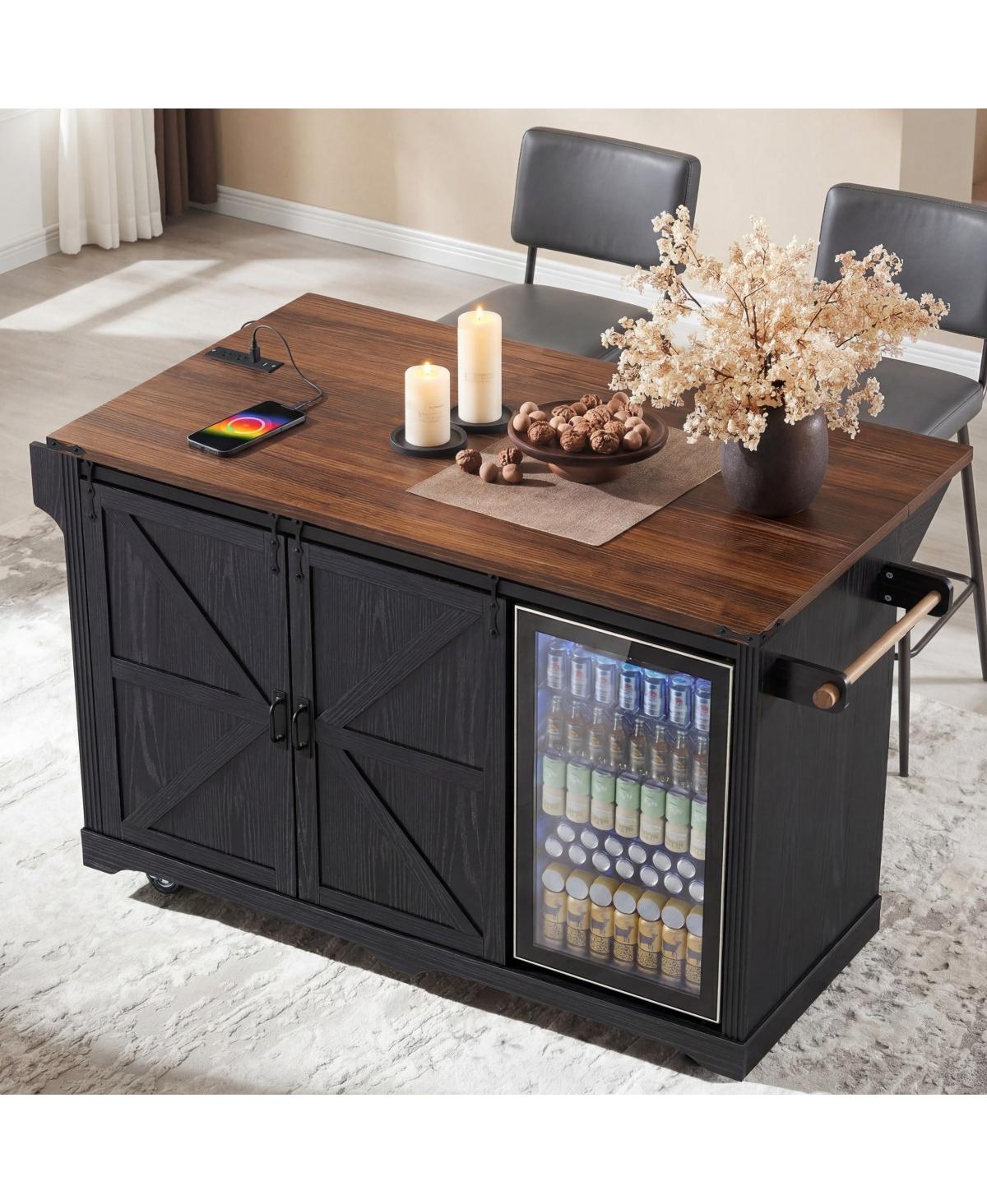 Streamdale Furniture Kitchen Island with Glass Door and Cabinet - Black