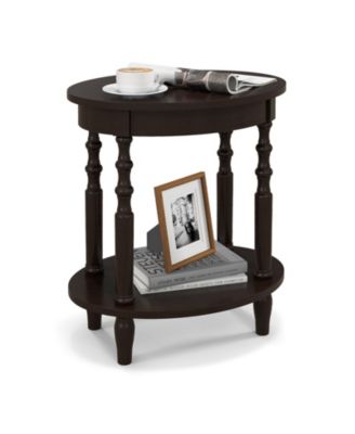 2 Tier Oval Side Table with Storage Shelf and Solid Wood Legs Espresso