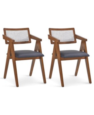 Mid Century Wooden Accent Chairs with Leathaire Seat Cushions Set of 2
