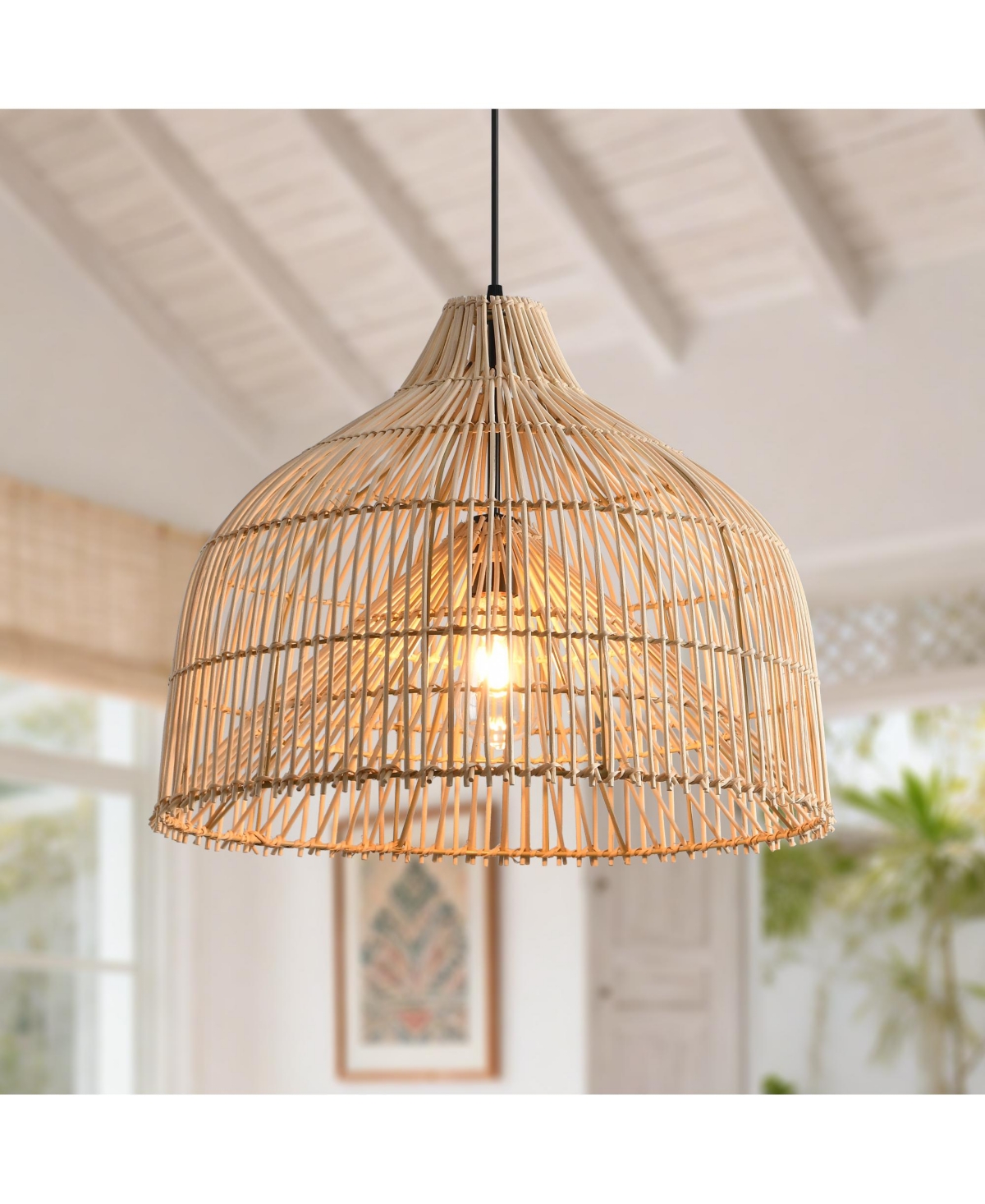 Parrot Uncle 1-Light Boho Hand-Woven Rattan Cloche Hanging Basket Pendant Light Chandelier
