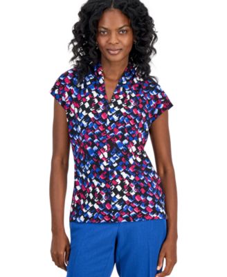 Women's Printed Funnel-Neck Short-Sleeve Top