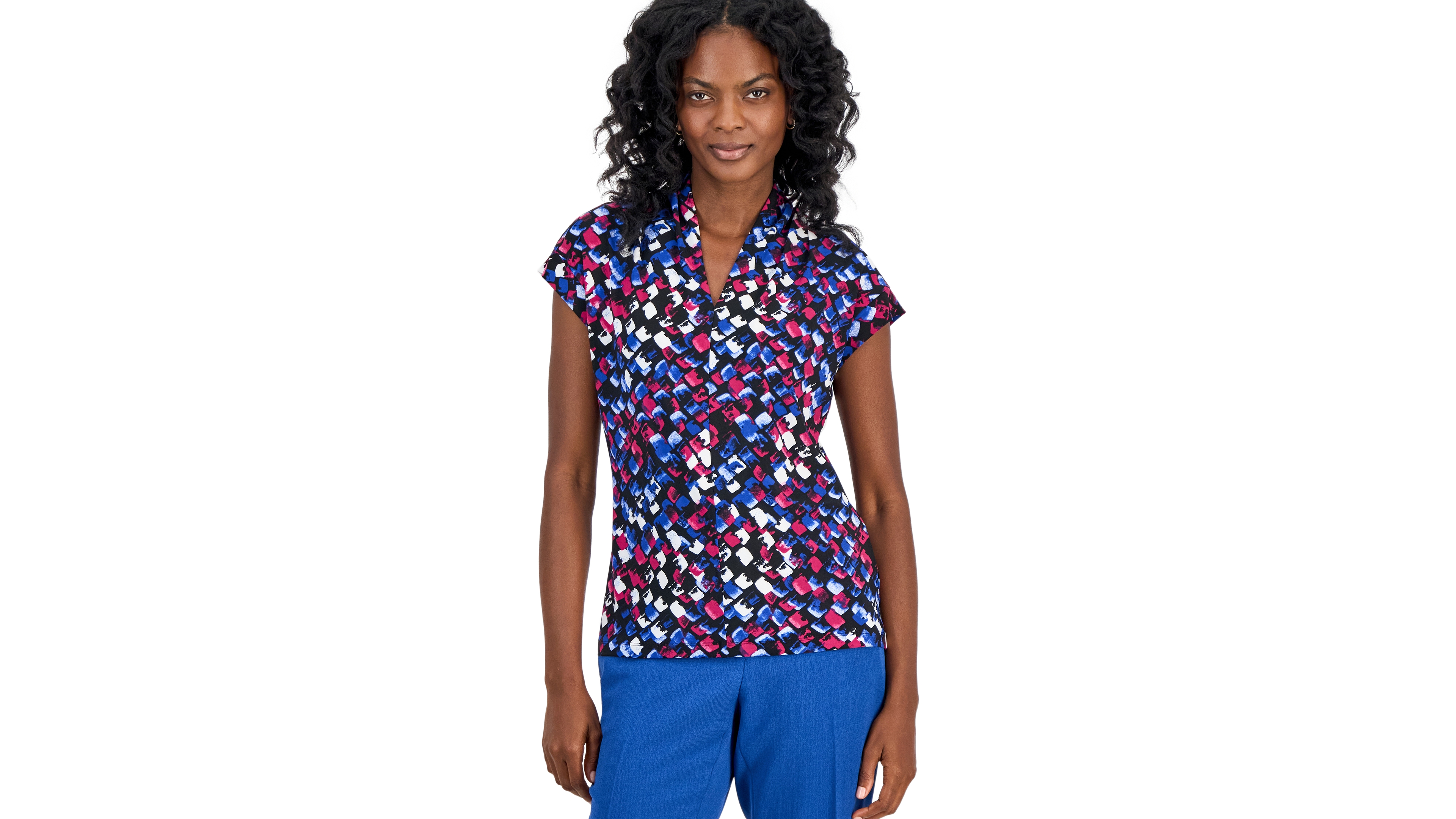 Kasper Women's Printed Funnel-Neck Short-Sleeve Top