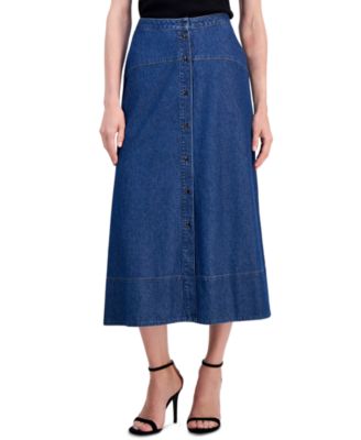 Petite Button-Front Denim Midi Skirt