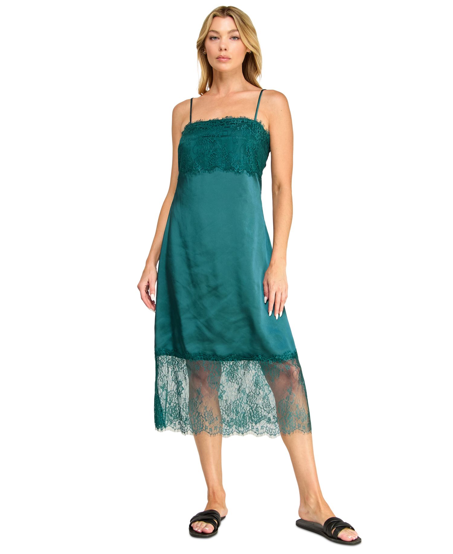 Juniors' Sleeveless Lace and Satin Slip Midi Dress