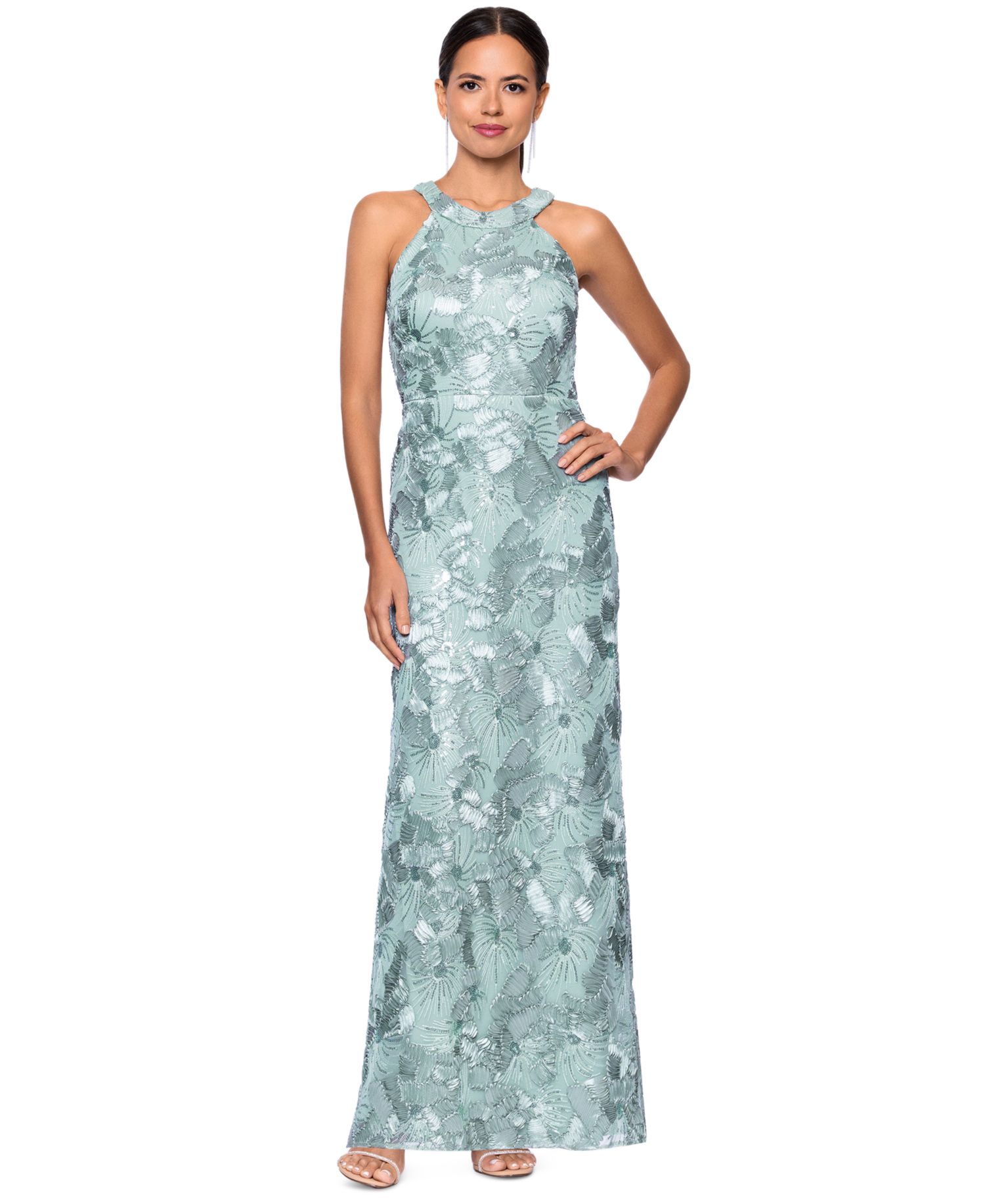 Petite Sequined Soutache Halter Gown