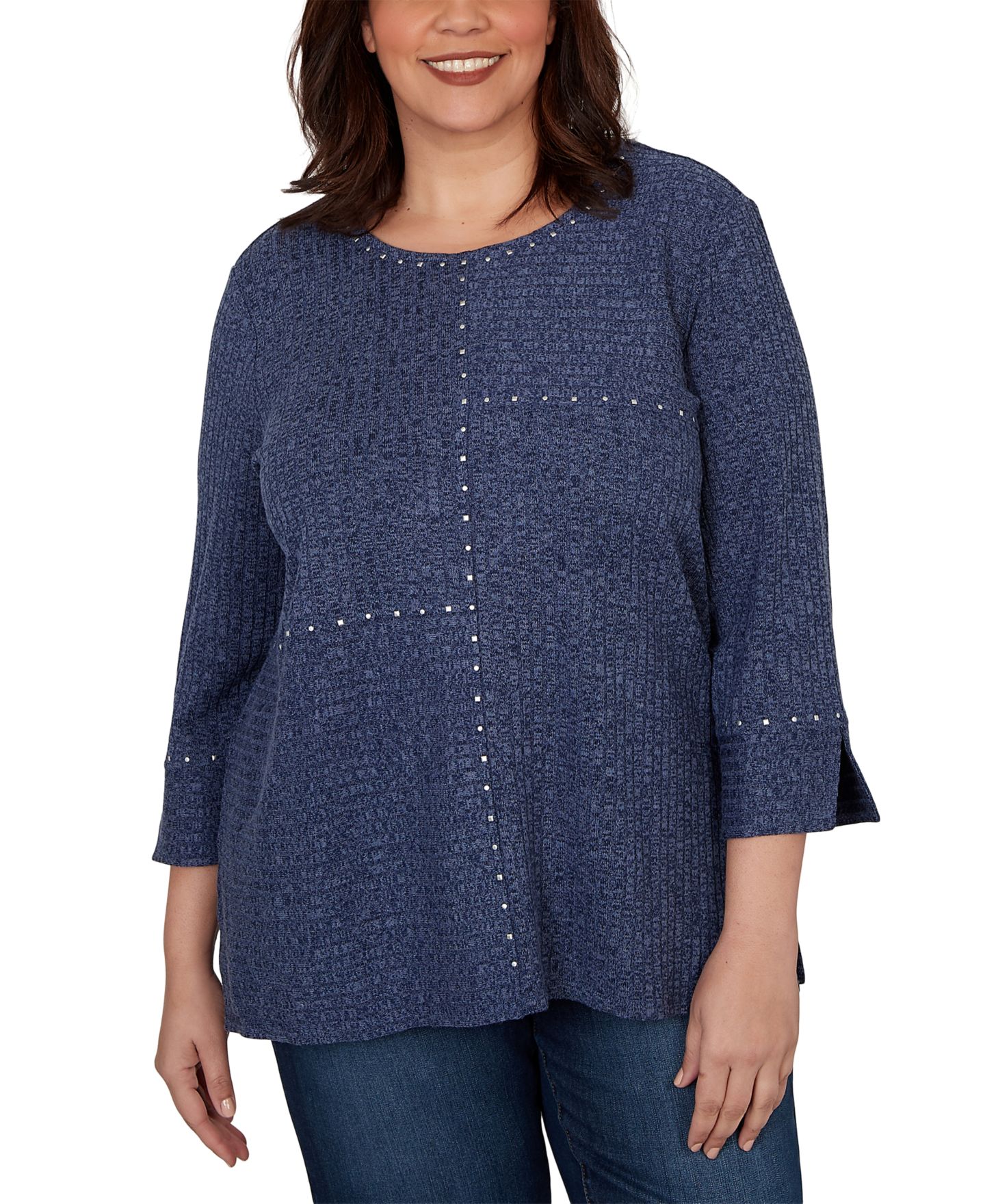 Женский топ Alfred Dunner Plus Size Spliced Texture Metallic Studded Top, цвет: Чёрный — фото 6