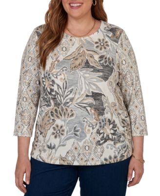 Plus Size Geo Leaf Patchwork 3/4-Sleeve Crewneck Knit Top
