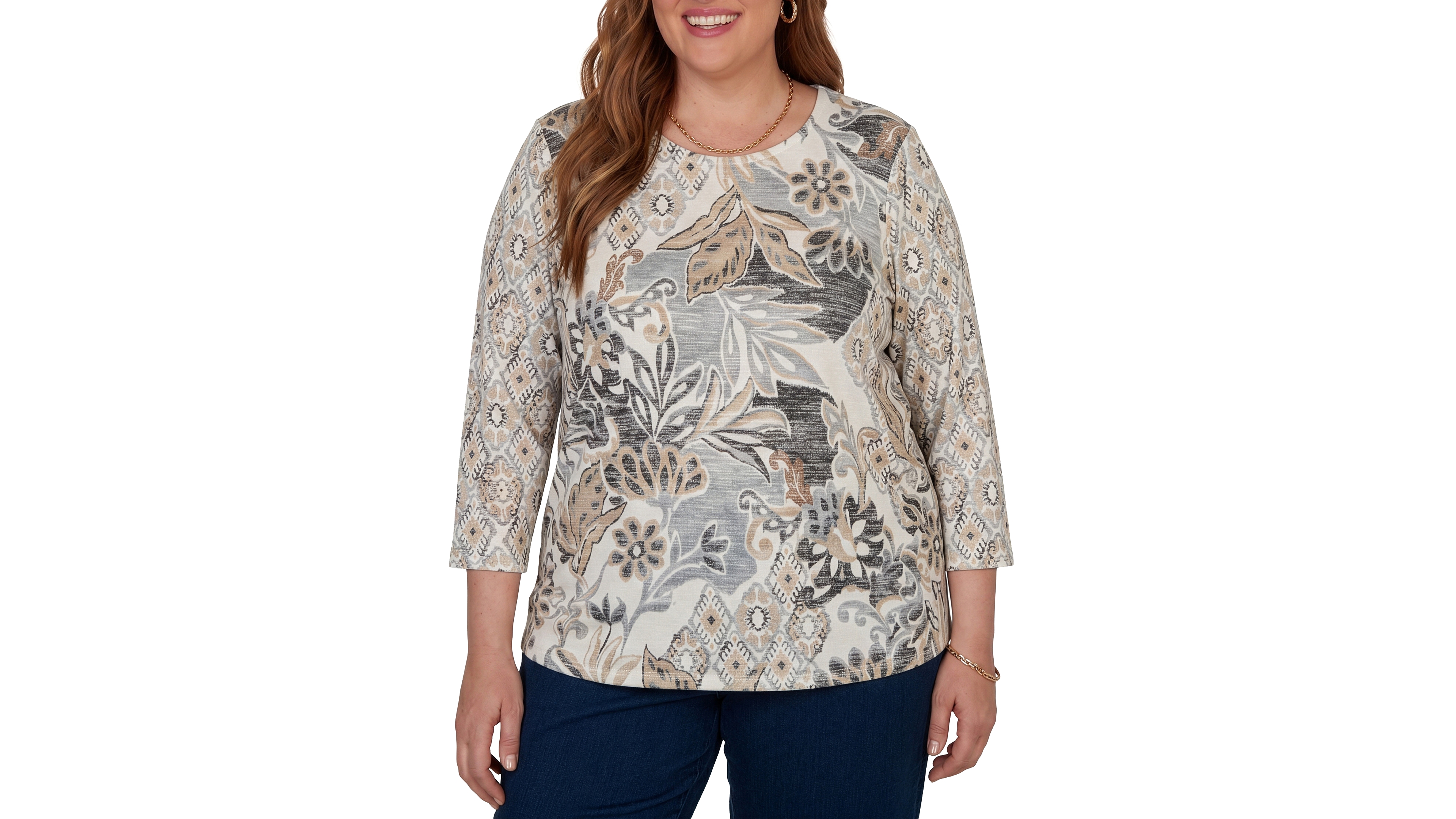 Alfred Dunner Plus Geo Leaf Patchwork Knit Top