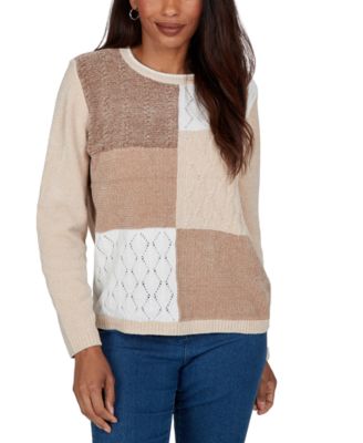 Women's Petite Colorblock Cable-Knit Long-Sleeve Crewneck Pullover