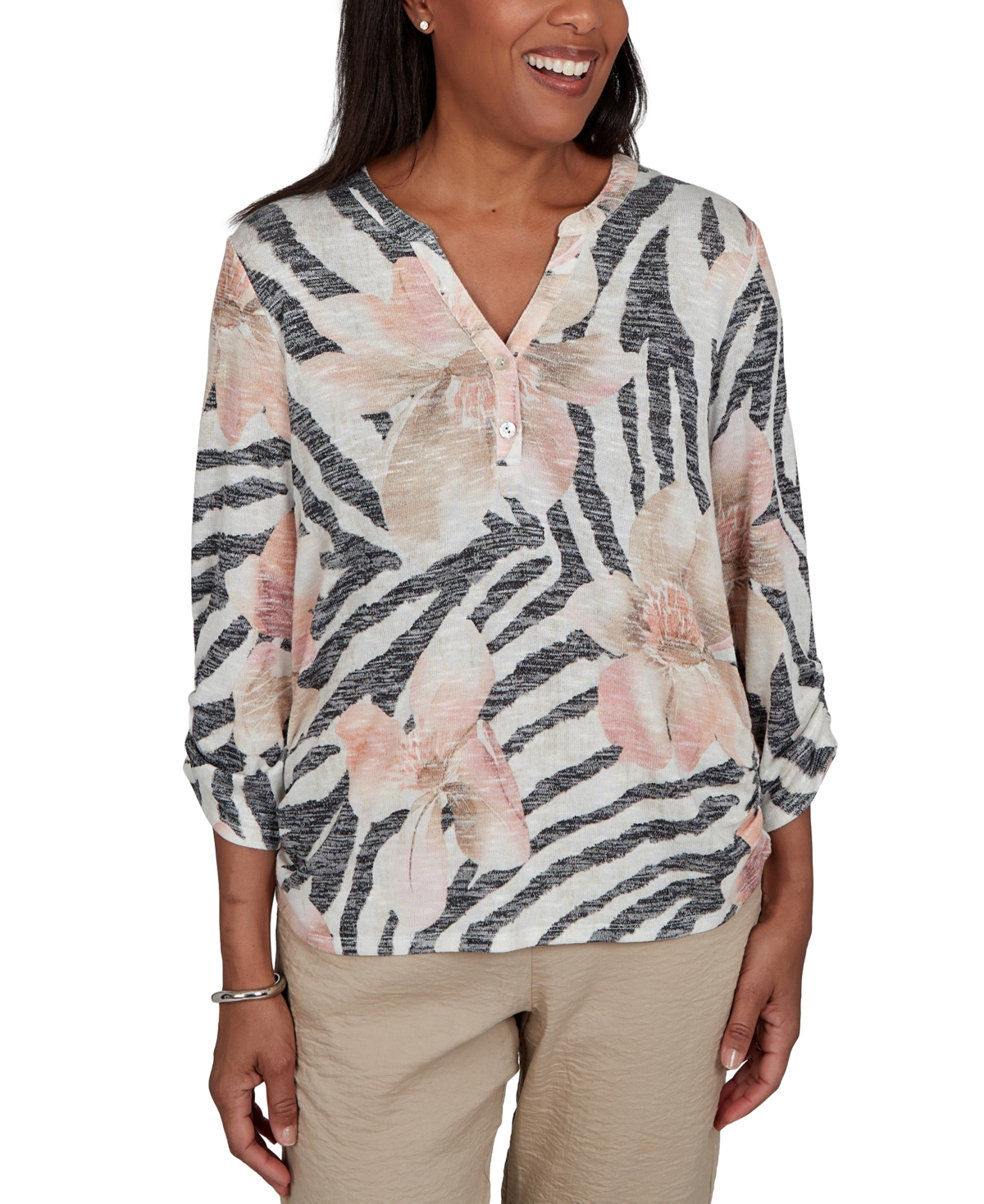 Alfred Dunner Women's Travel Advisory Animal Floral Henley Top