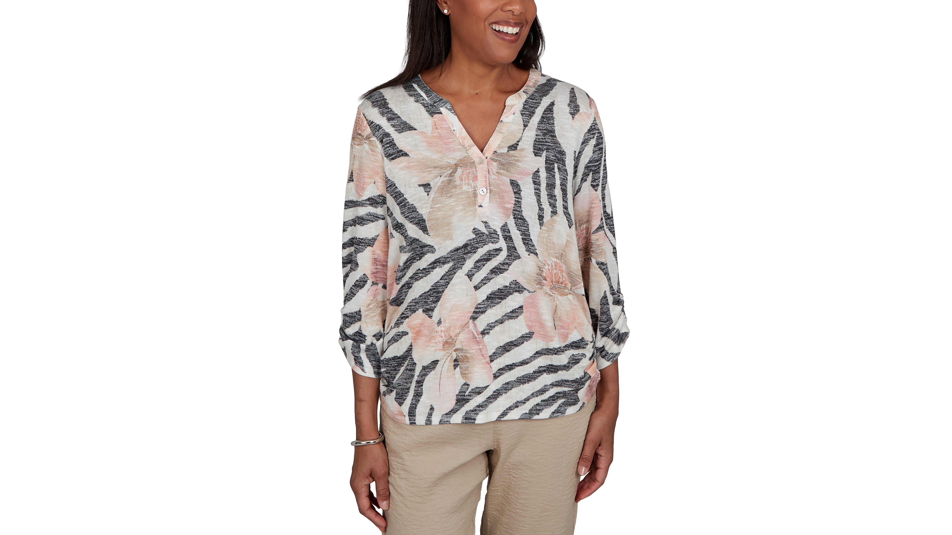 Alfred Dunner Women's Travel Advisory Animal Floral Henley Top