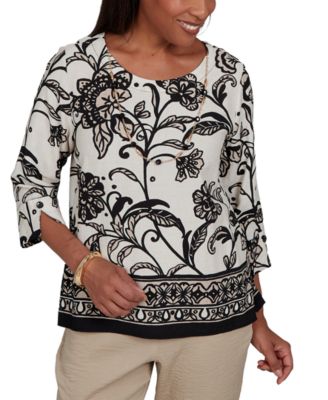 Petite Travel Advisory Scroll Border 3/4-Sleeve Floral Top