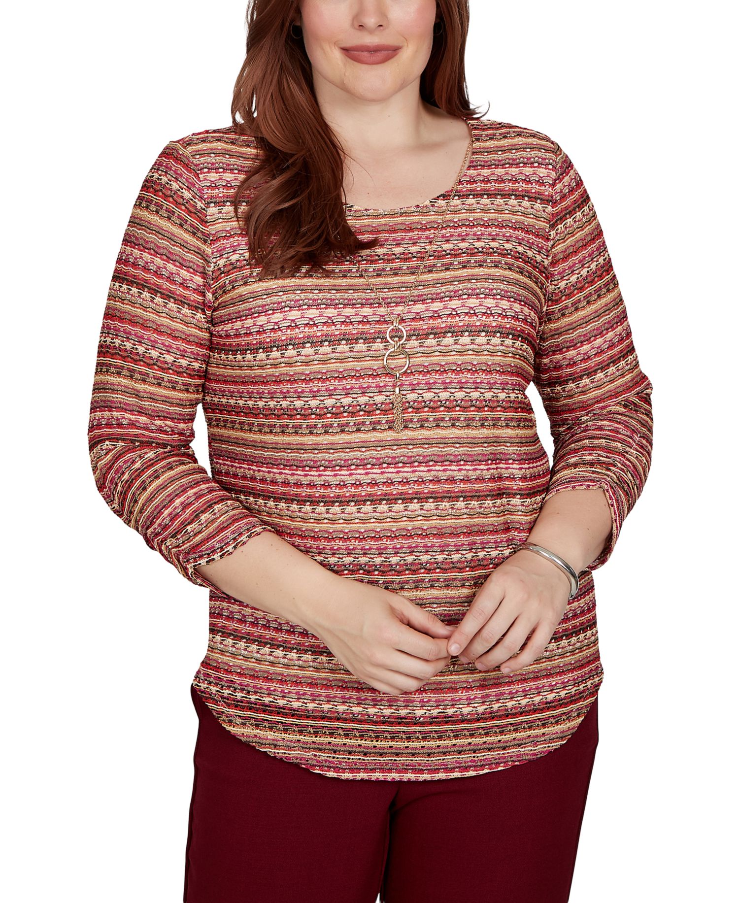 Petite Union Square Spacedye-Stripe 3/4-Sleeve Top with Necklace