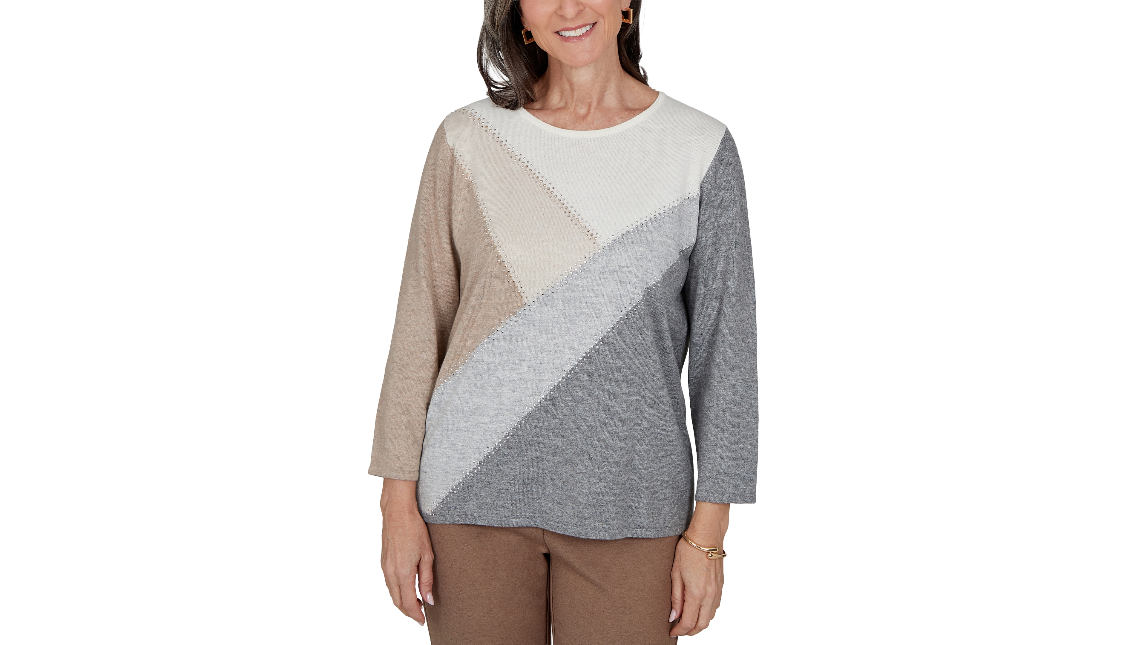 Alfred Dunner Women's Colorblock Embellished 3/4-Sleeve Pullover Sweater