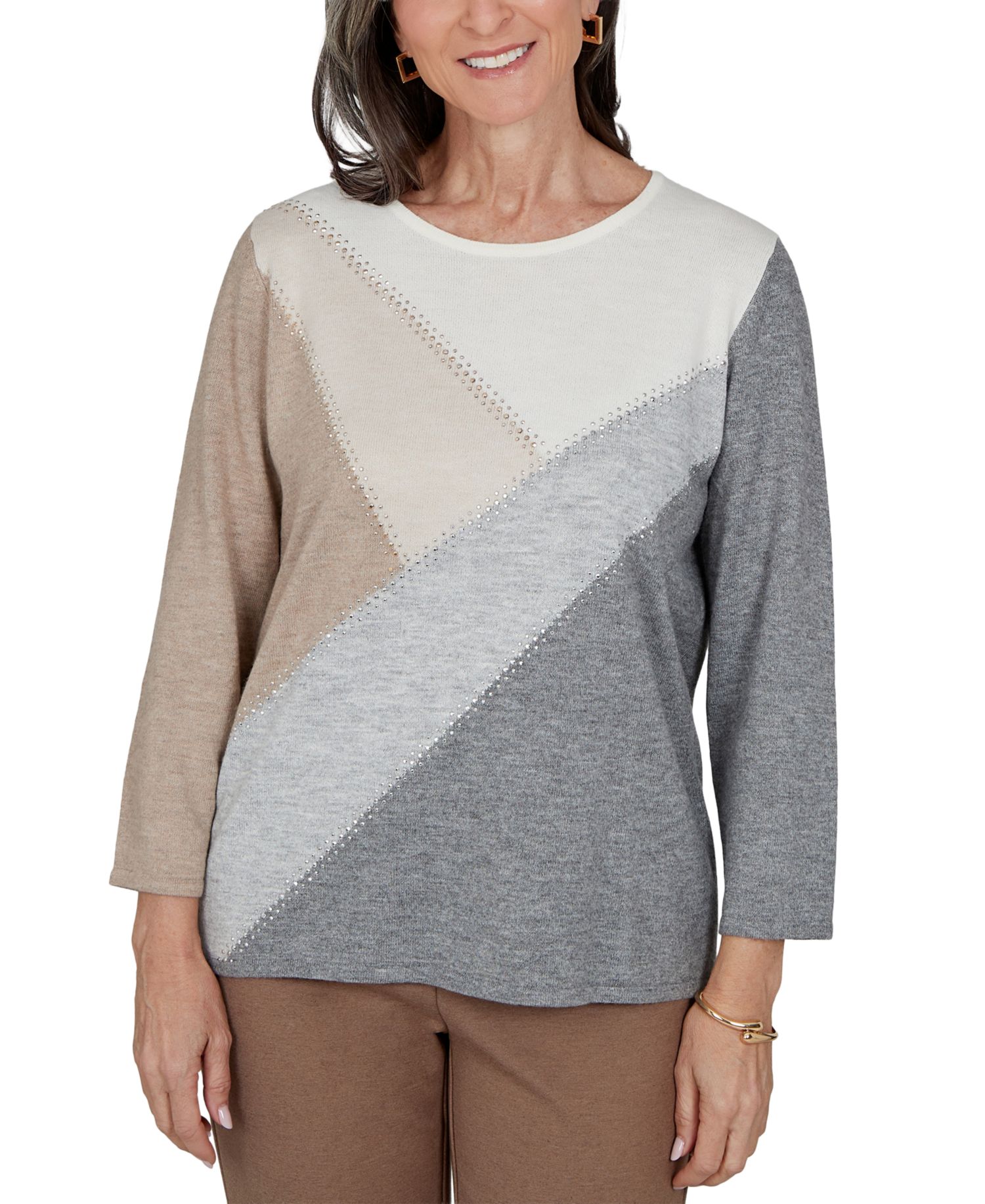 Women's Colorblock Embellished 3/4-Sleeve Pullover Sweater