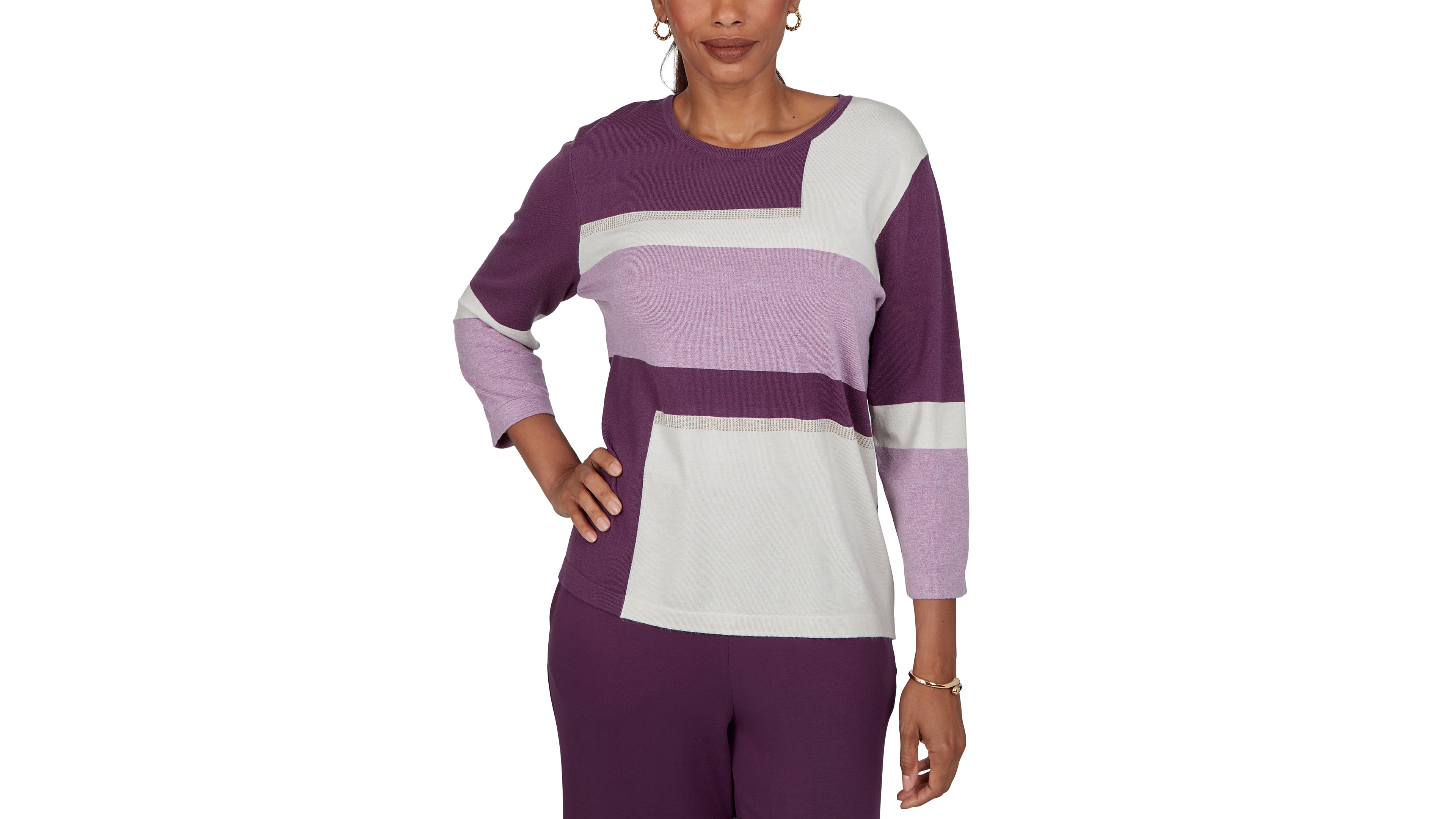 Alfred Dunner Women's Sweatr Colorblock 3/4-Sleeve Crewneck Pullover Sweater