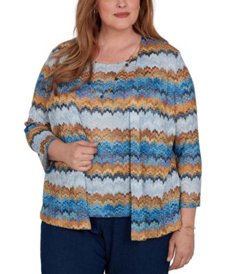 Plus Size 3/4-Length Sleeve Scoop Neck Two-Piece Look Knit Top