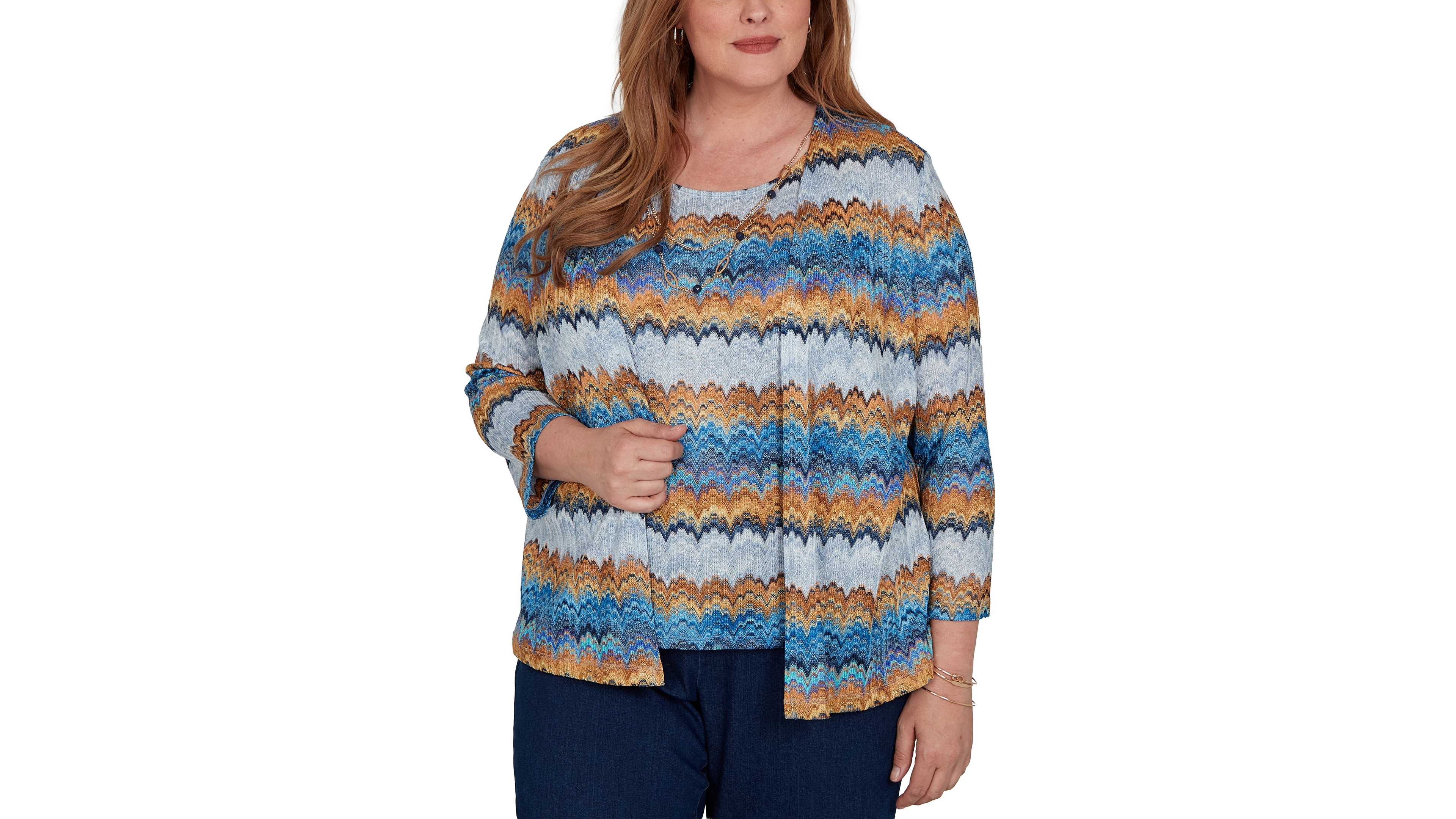 Alfred Dunner Plus 3/4-Length Sleeve Scoop Neck Two-Piece Look Knit Top