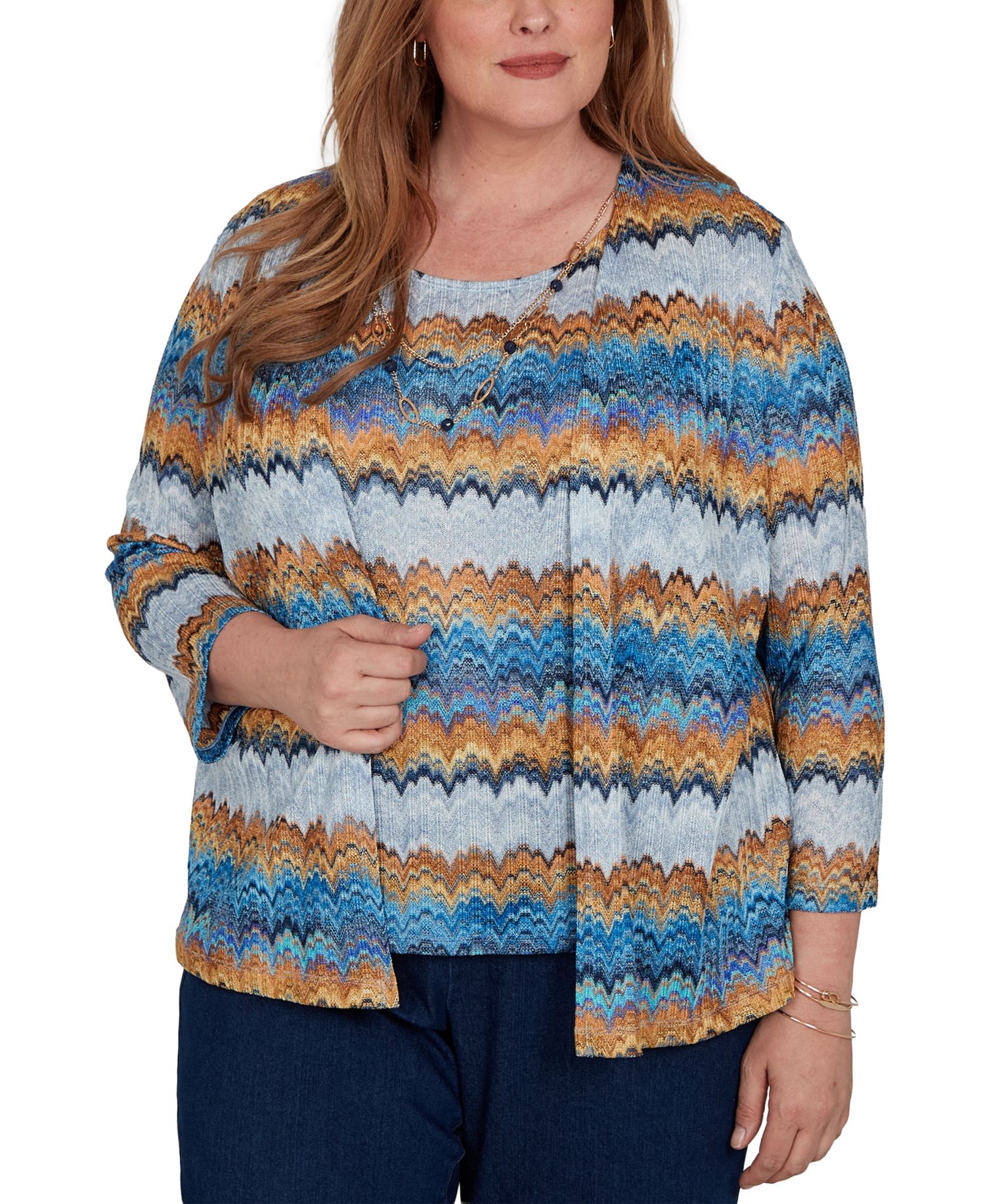Plus Size 3/4-Length Sleeve Scoop Neck Two-Piece Look Knit Top