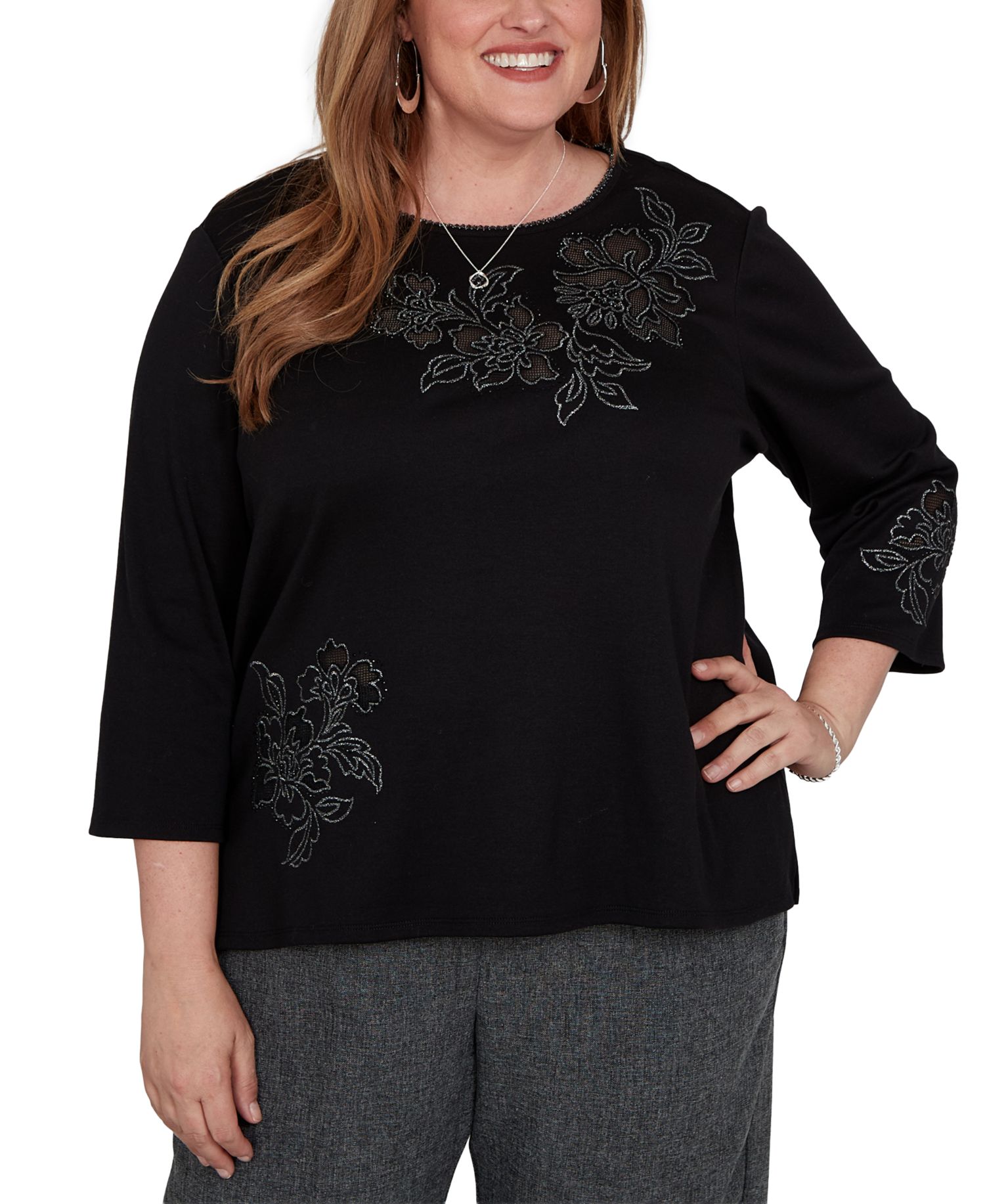 Plus Size Floral Scoop Neck 3/4-Sleeve Knit Top