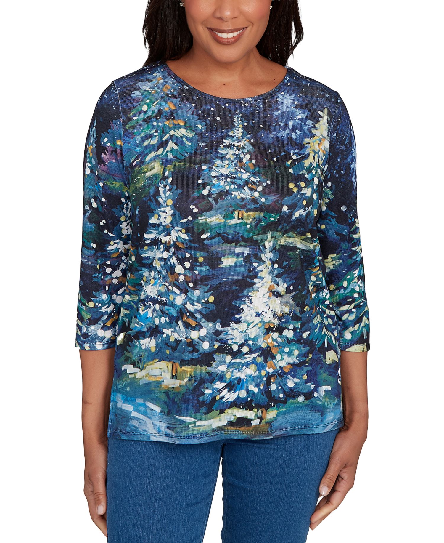 Petite Starry Christmas Tree Scene 3/4-Sleeve Top