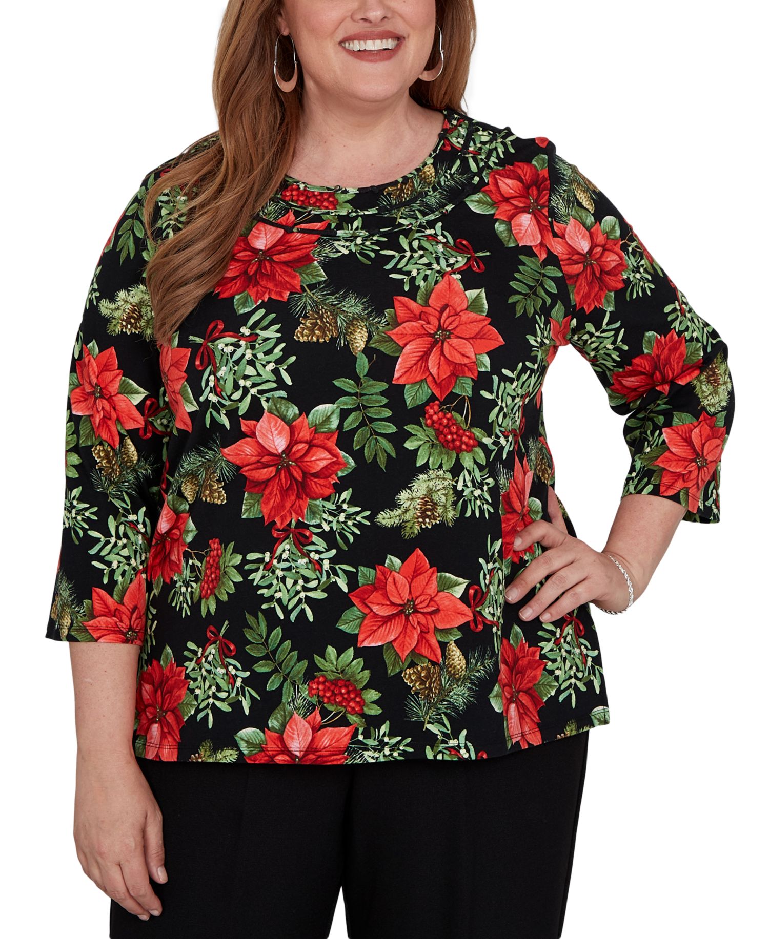 Plus Size Floral-Print 3/4-Sleeve Top