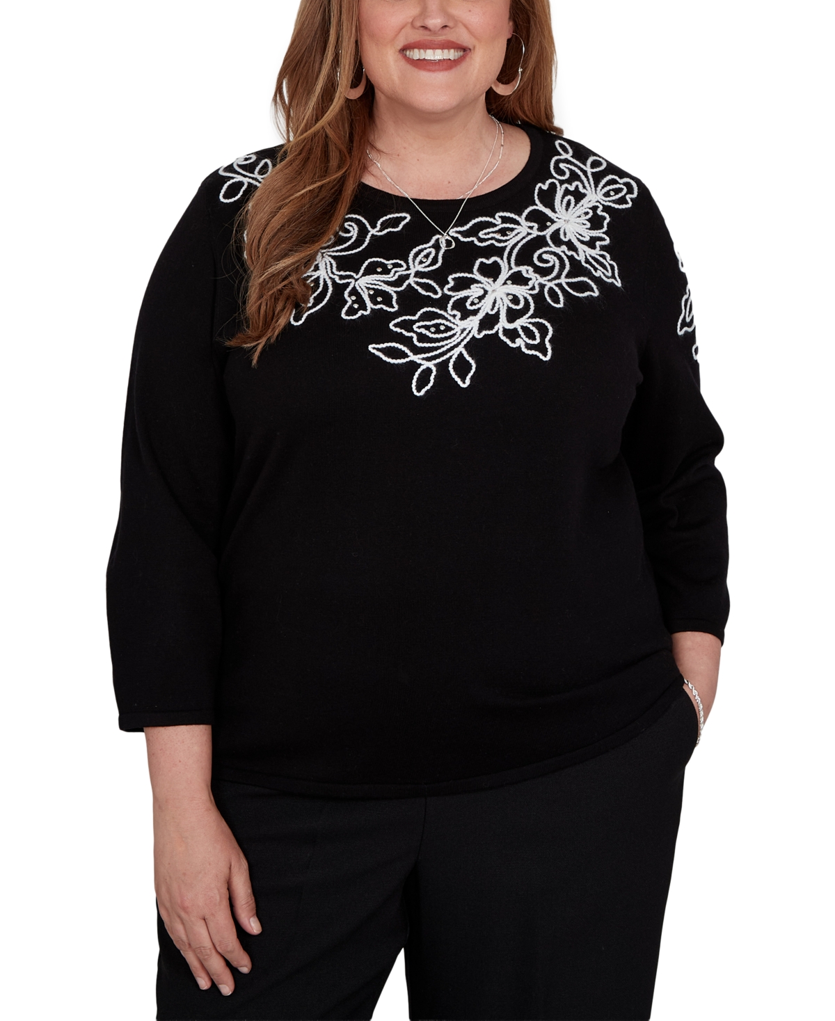 Alfred Dunner Plus Floral Scroll Soutache Sweater