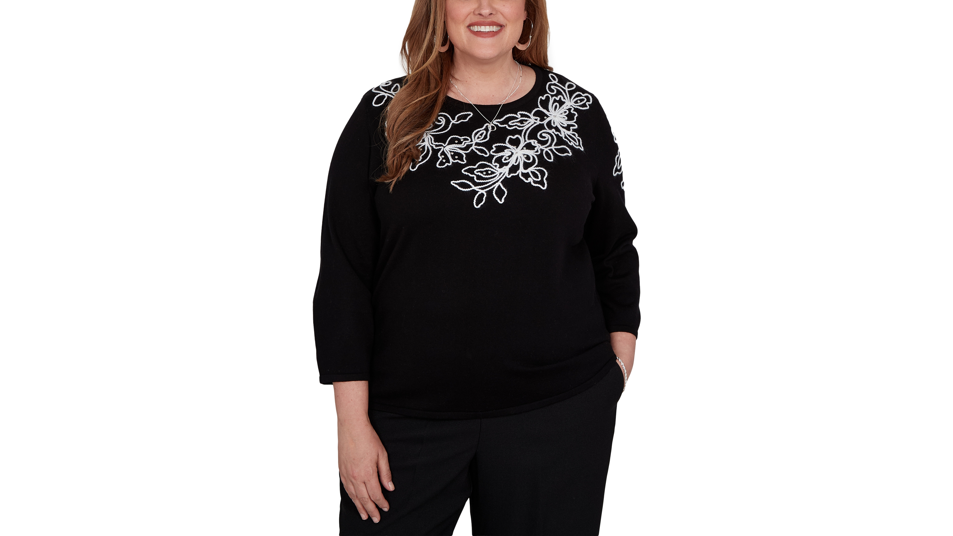 Alfred Dunner Plus Floral Scroll Soutache Sweater