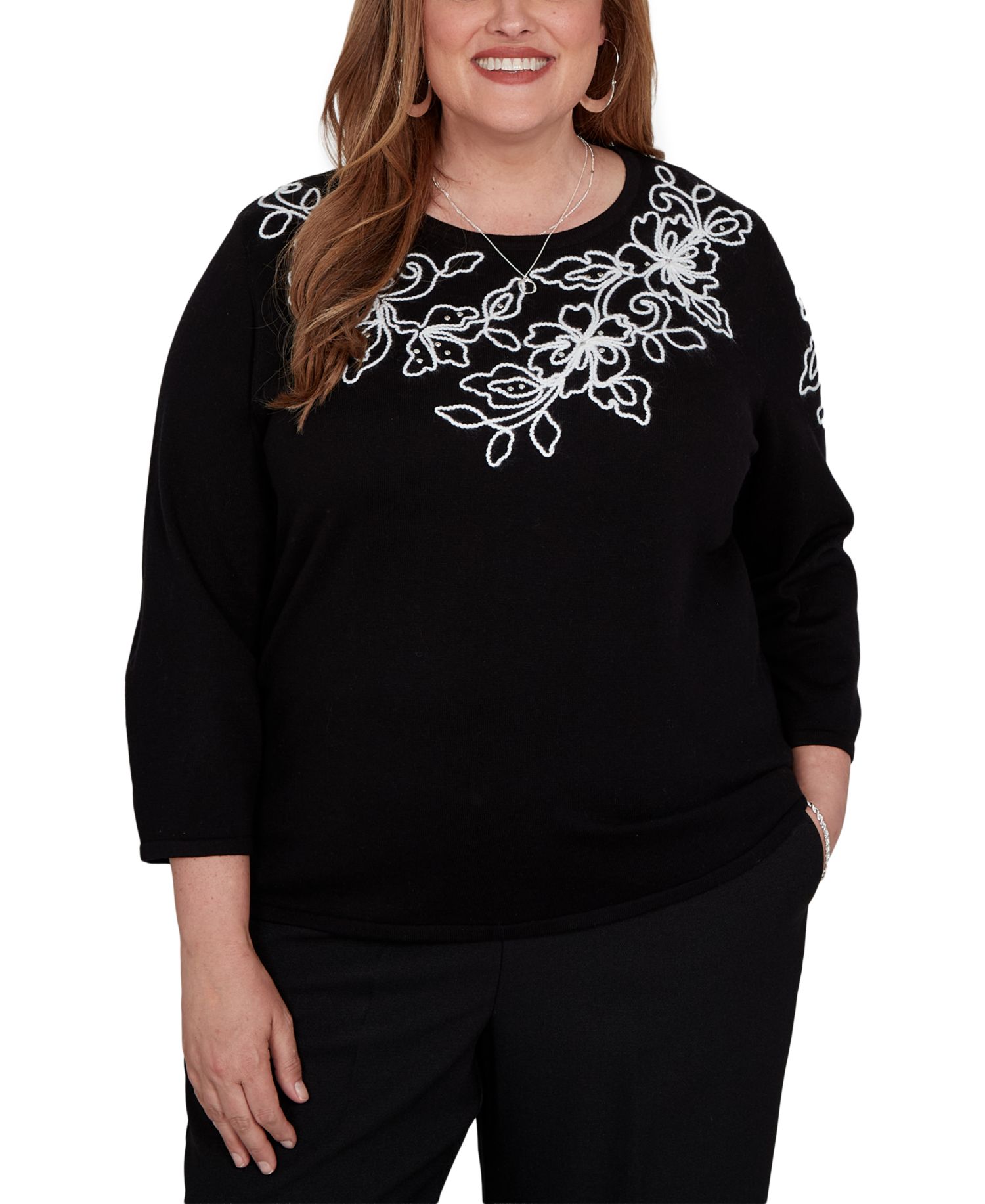 Plus Size Floral Scroll Soutache Sweater