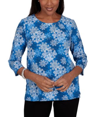 Women's Classic Blue Snowflake Print Knit Top